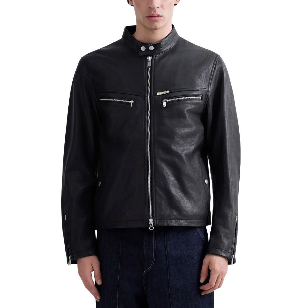 REPLAY Ανδρικό Δερμάτινο Μπουφάν Biker Δέρμα Μαύρο Relaxed Fit  M8497A.000.85194 010 BLACK 1829249