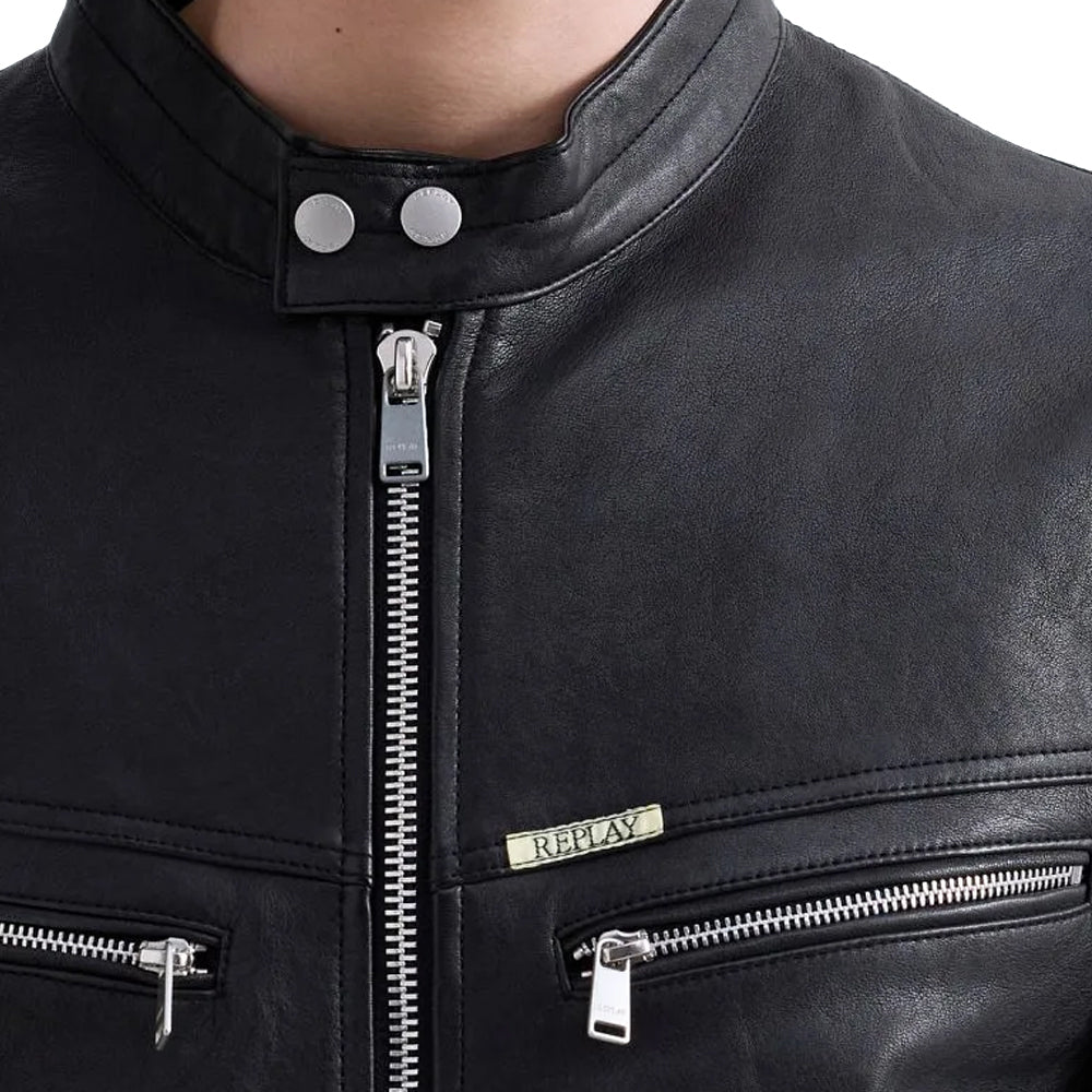 REPLAY Ανδρικό Δερμάτινο Μπουφάν Biker Δέρμα Μαύρο Relaxed Fit  M8497A.000.85194 010 BLACK 1829249